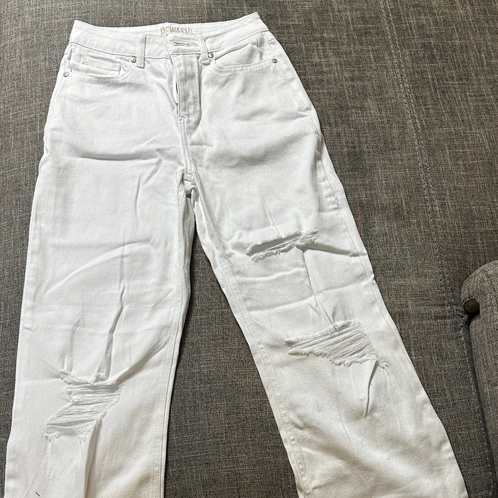 Rewash White Straight Leg Jeans with Distressed Details